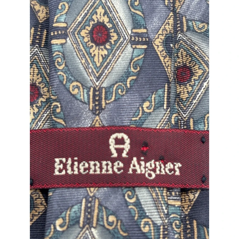 Etienne Aigner 100% Silk Necktie Gray Blue Geometric Medallion Classic Designer